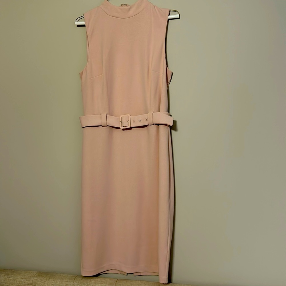 Sleeveless, belted, mock neck midi dress
